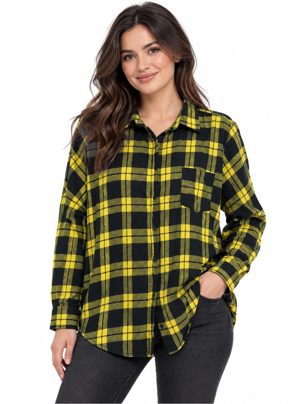 Hot Topic Yellow and Black Plaid Button-Down Shirt